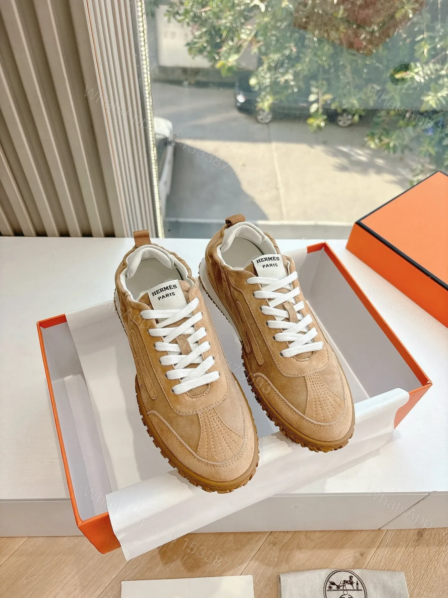 View 4 of Hermes Women Beige Suede Sneakers