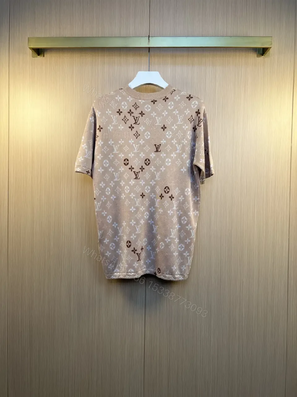 View 5 of Light Beige-Taupe LV Monogram Tee, Relaxed Fit Short Sleeve Crew