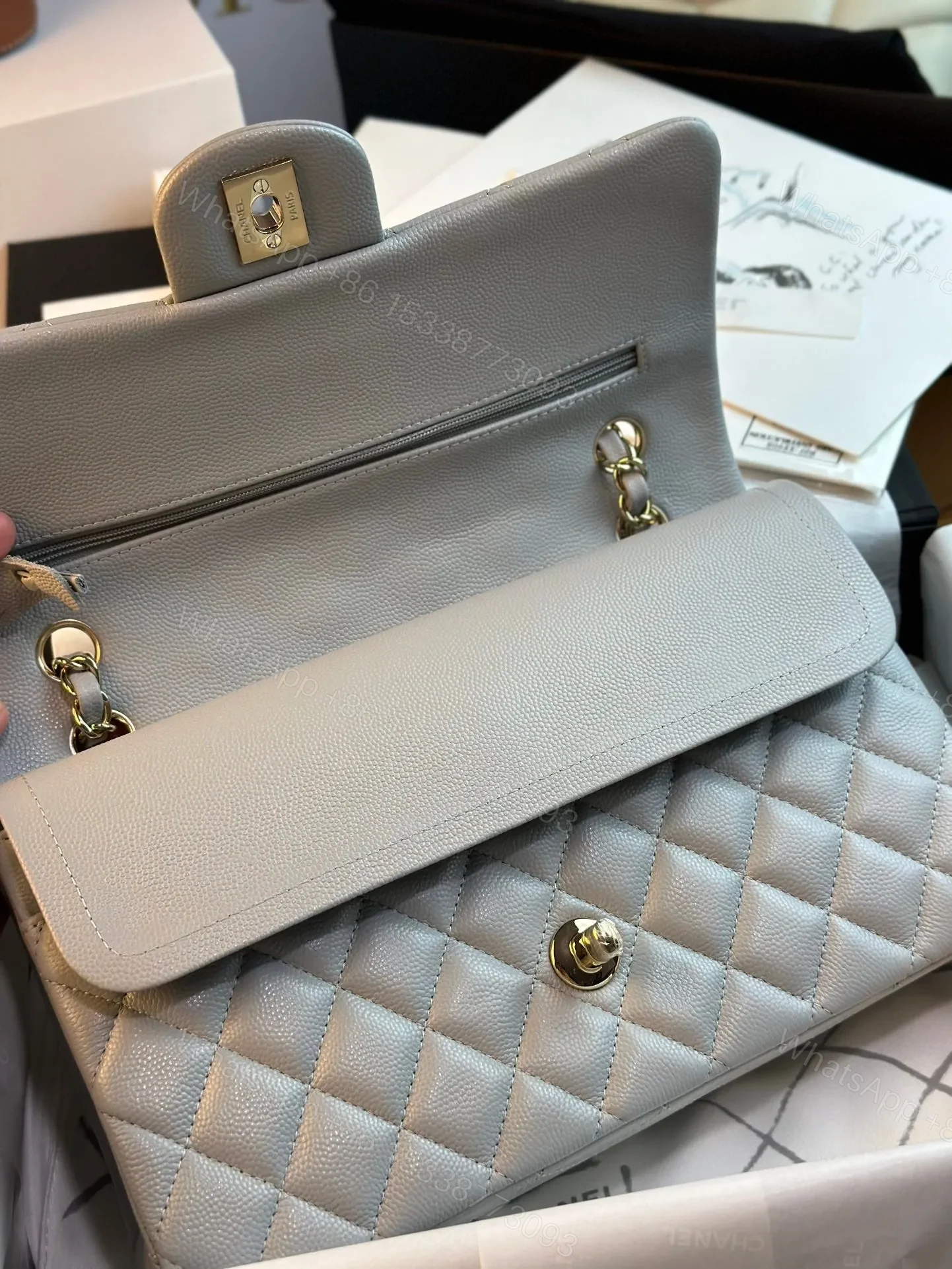 View 8 of CHANEL FLAP BAG 25CM GOLD HARDWARE GREY CAVIAR