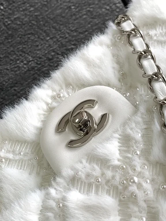 View 4 of White Faux-Fur Diamond Wallet Bag: Luxe, Structured, Signature Charm
