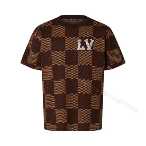 Lv Short-Sleeved Cotton Damier Crewneck With Crystal LV Patch — view 1