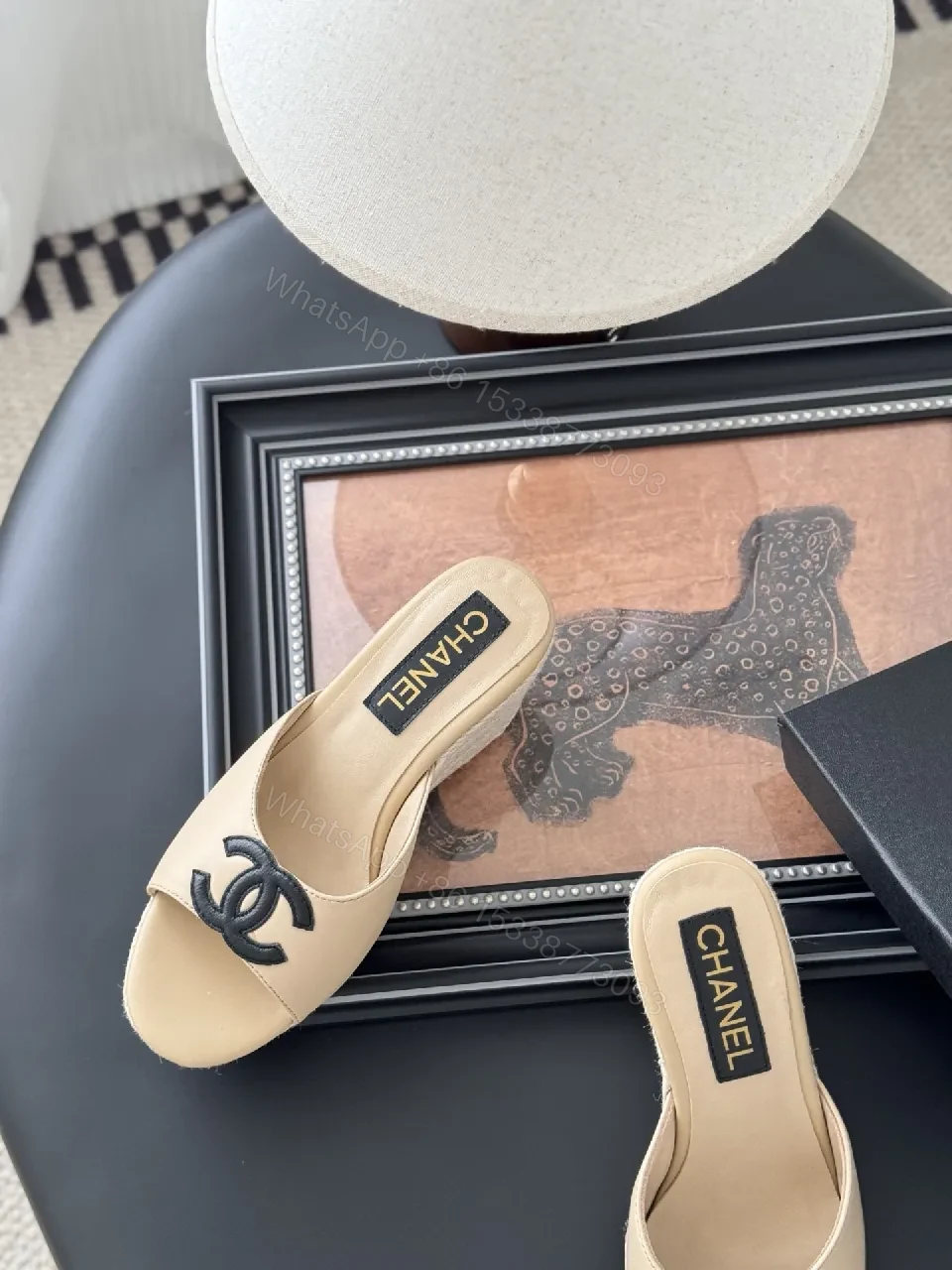 View 3 of Beige Leather Wedge Mules – Subtle Logo Elevation Shoes