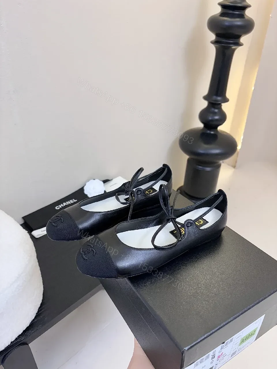 View 4 of Chic Black Leather Ballet Flats with Subtle Logo Detailing