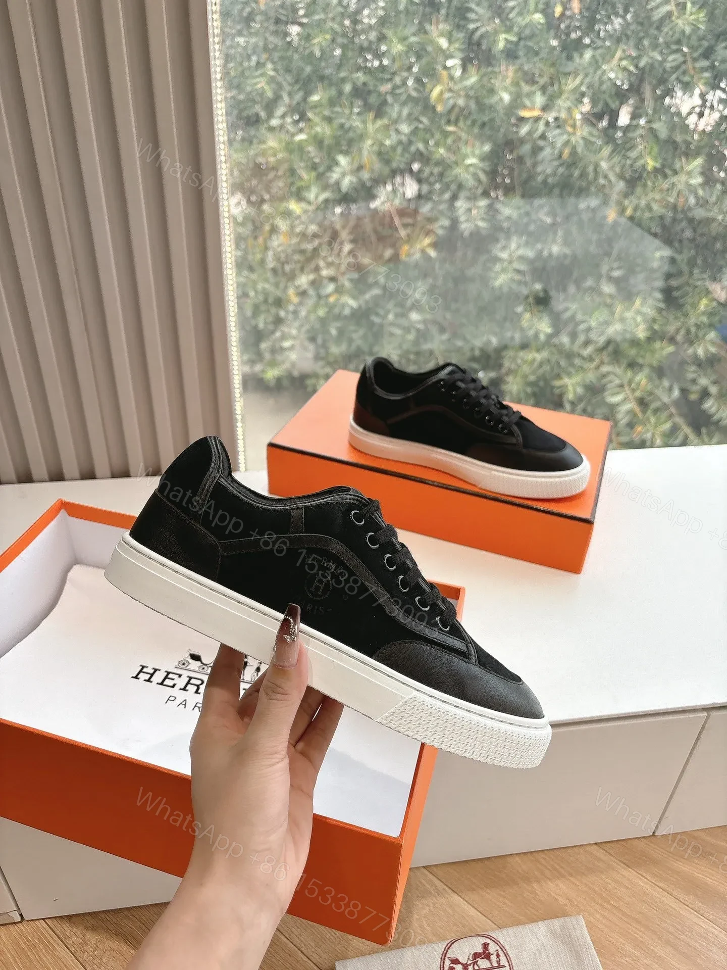View 3 of Hermes Women Black Suede Leather Sneakers