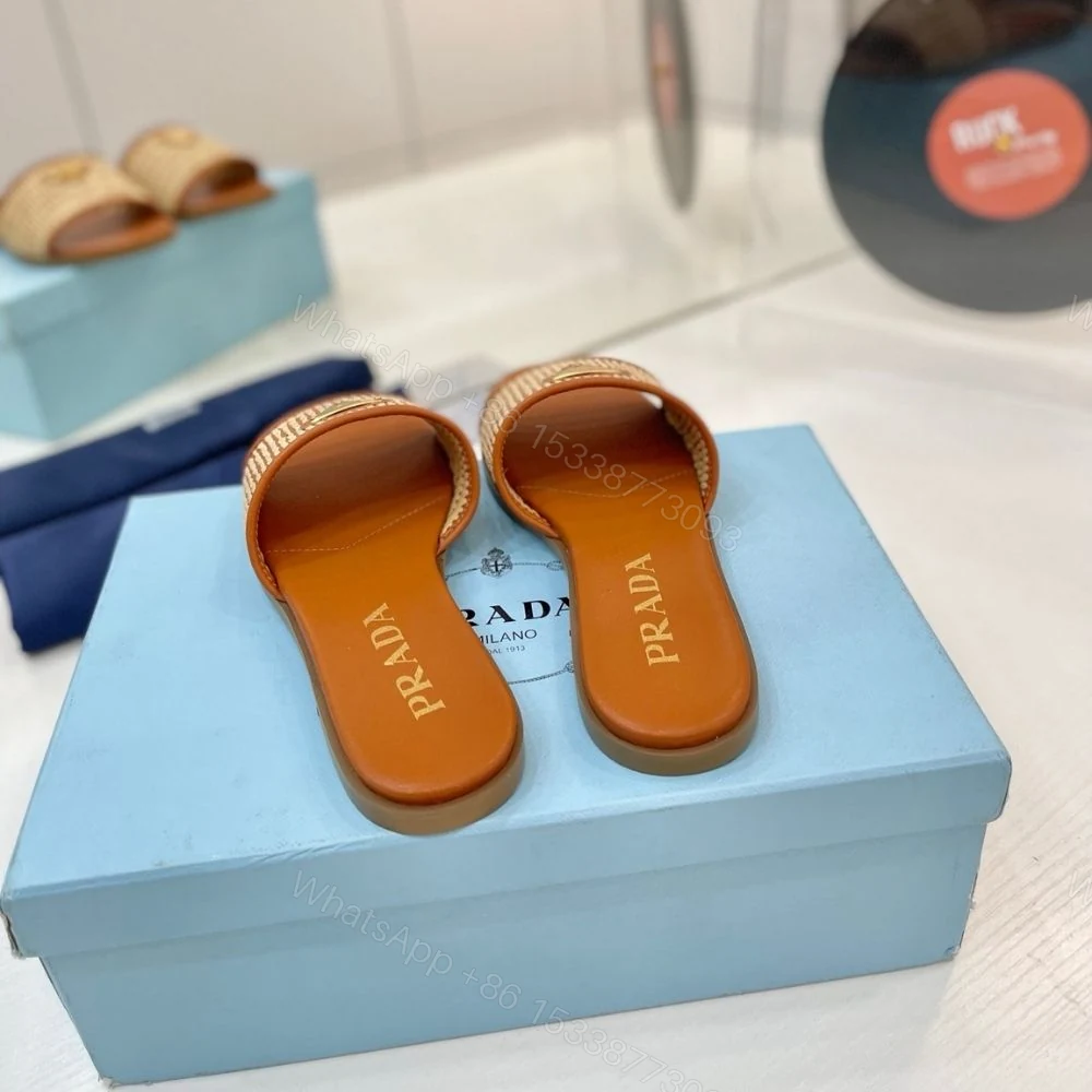 View 7 of Prada Leather Slides With Crochet Details Cognac Brown