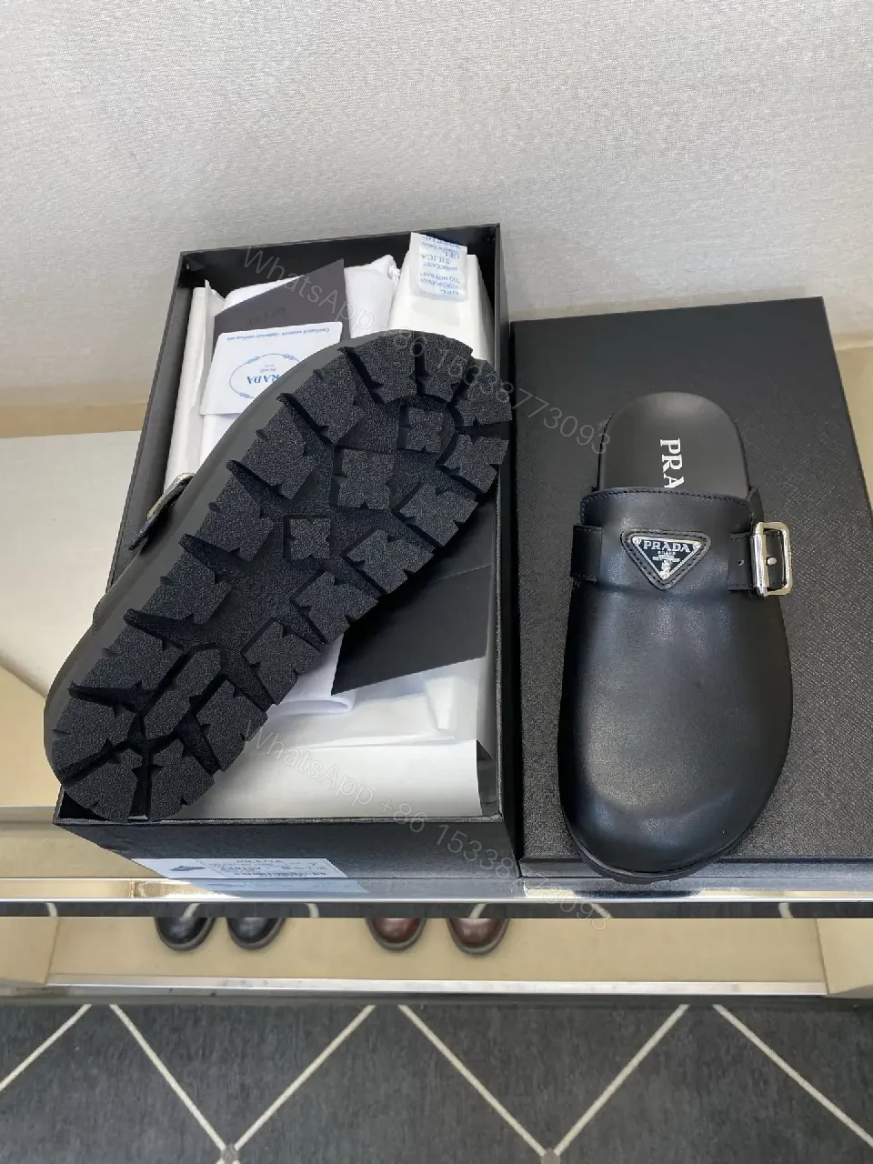 View 7 of Black Leather Slip-ons Mens Prada Style Buckle Sandals