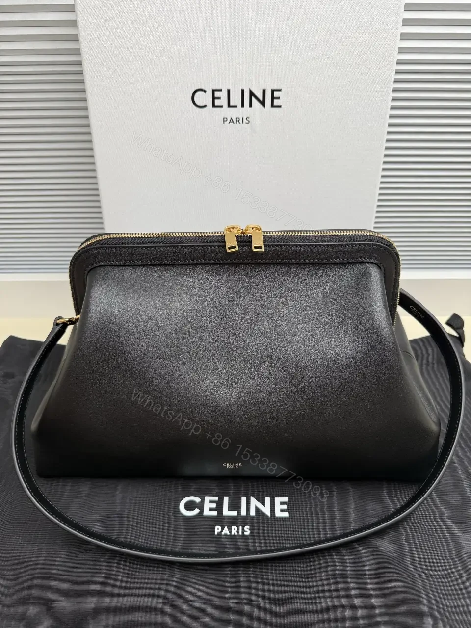 View 2 of Black Leather Minimalist Satchel with Gold Hardware, Structured