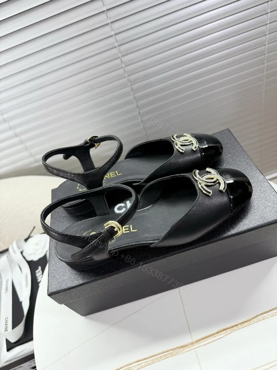 View 3 of Black Satin-Patent Slingback Flats with Gold Logo Hardware
