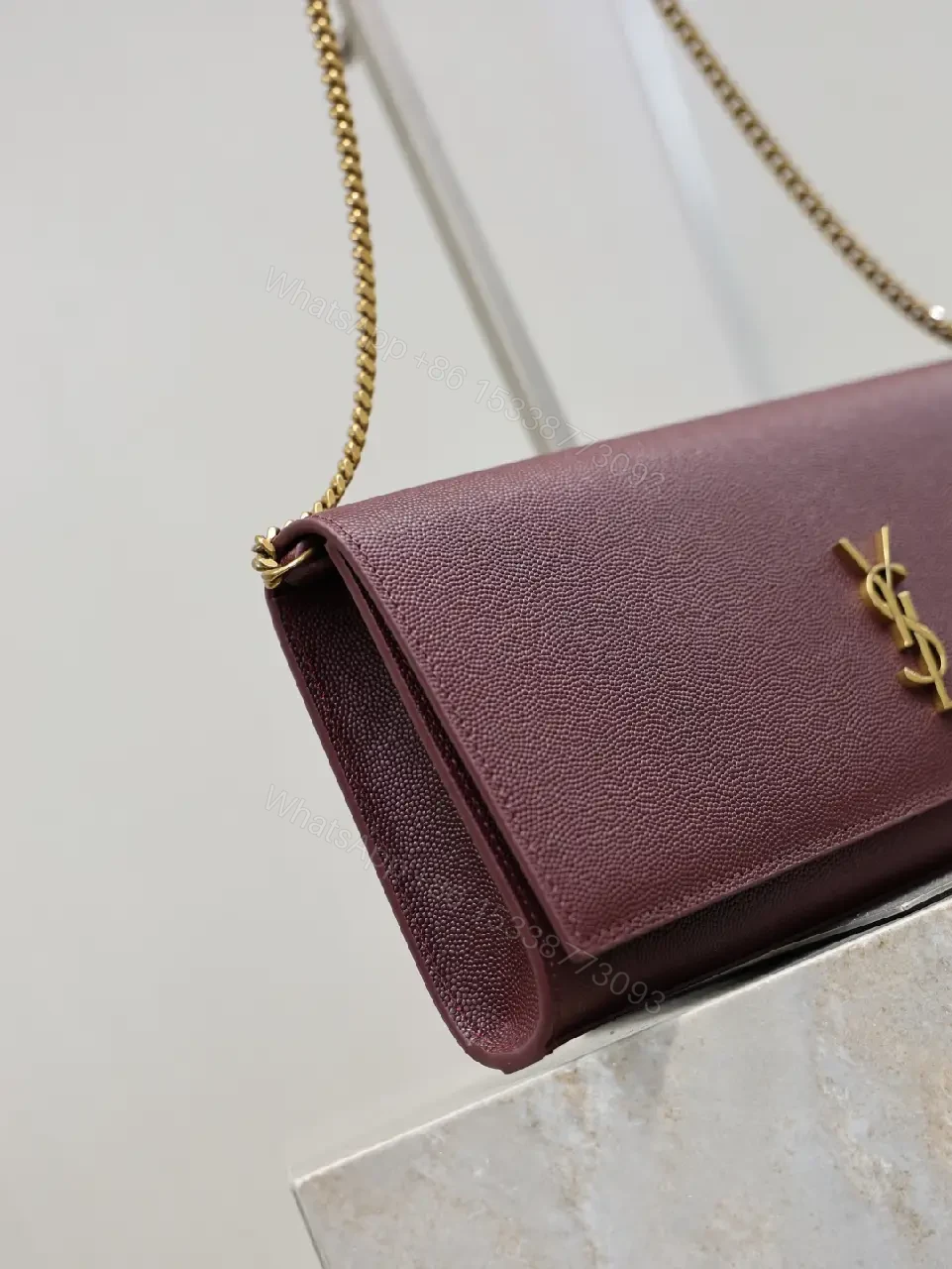 View 7 of Burgundy Leather Structured Shoulder Bag with Gold Hardware