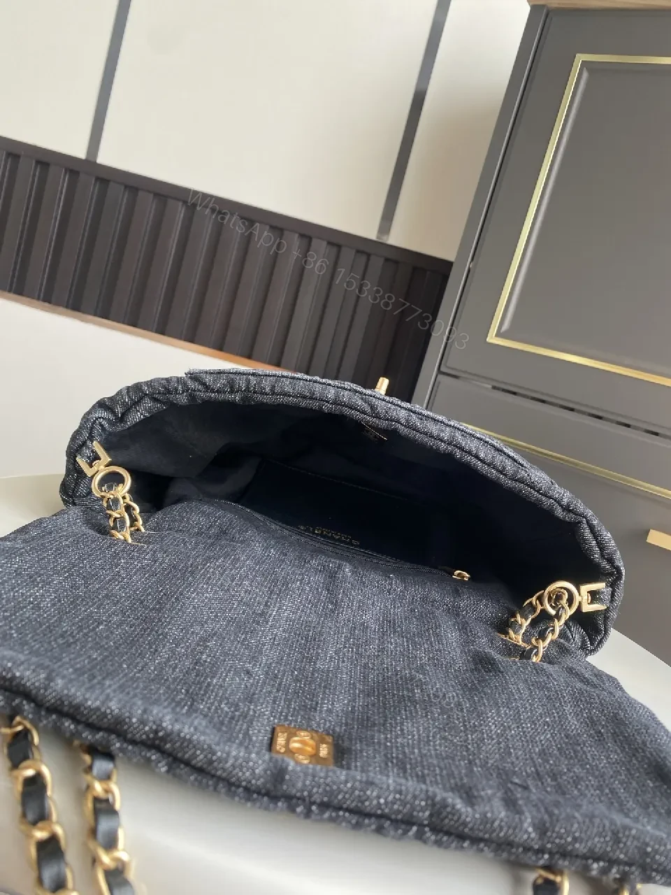 View 8 of Denim-Texture Shoulder Bag: Modern Luxe, Gold-Tone Accent