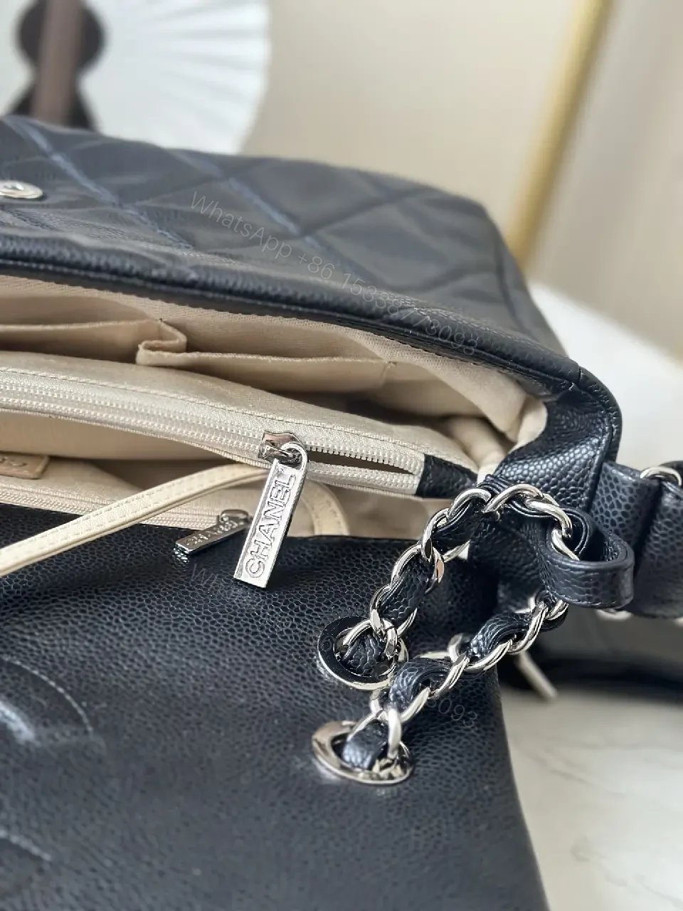 View 3 of Quilted Black Leather Satchel with Silver Chain