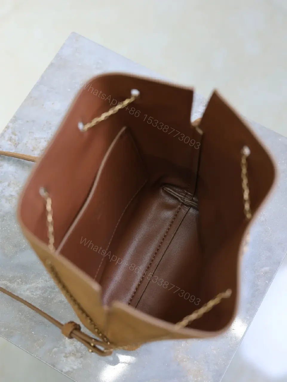 View 4 of Brown suede YSL-inspired shoulder bag with gold-tone chain strap