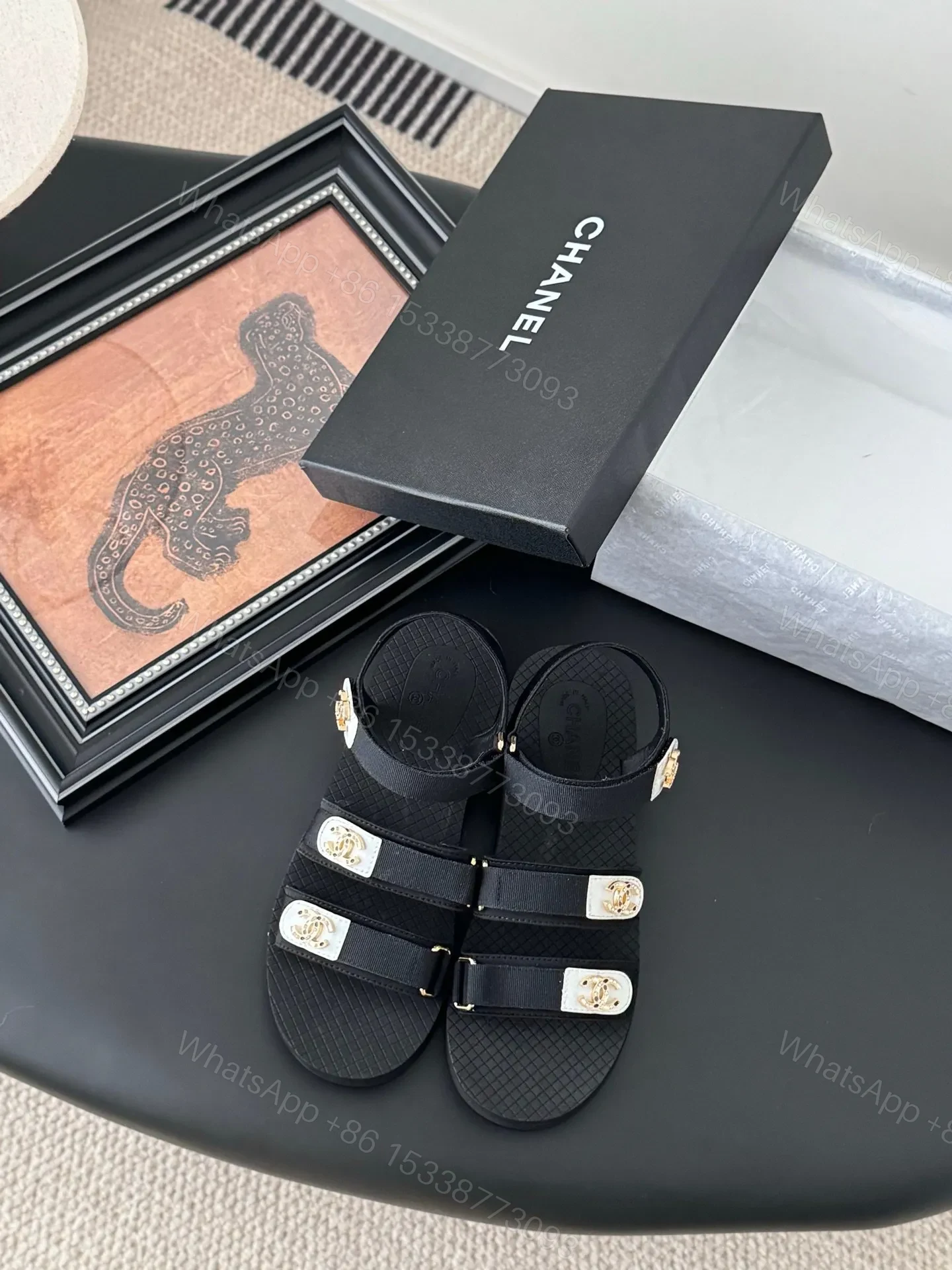 Chanel Women Black Fabric Logo Strap Sandals — view 1
