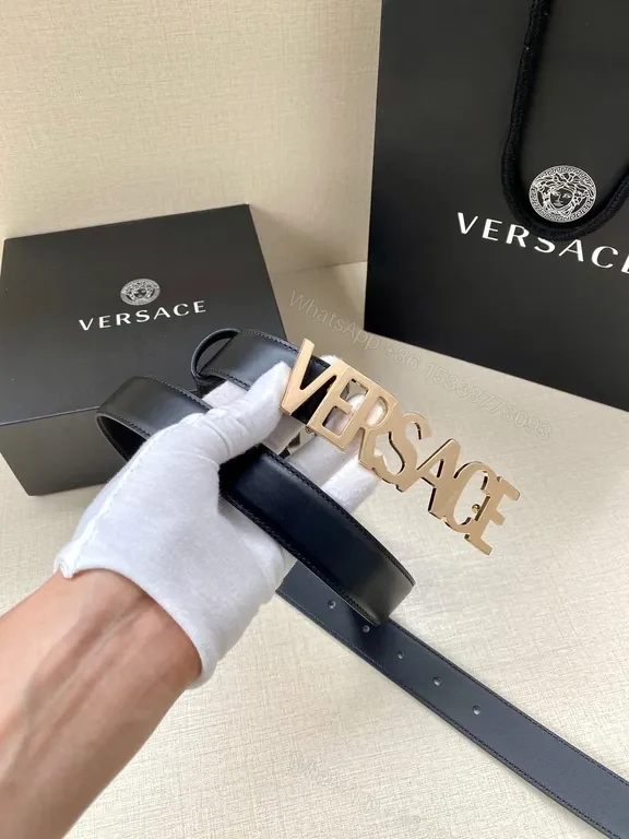 View 4 of Versace Leather Belt: Black with Rose-Gold Buckle, Minimalist Luxury