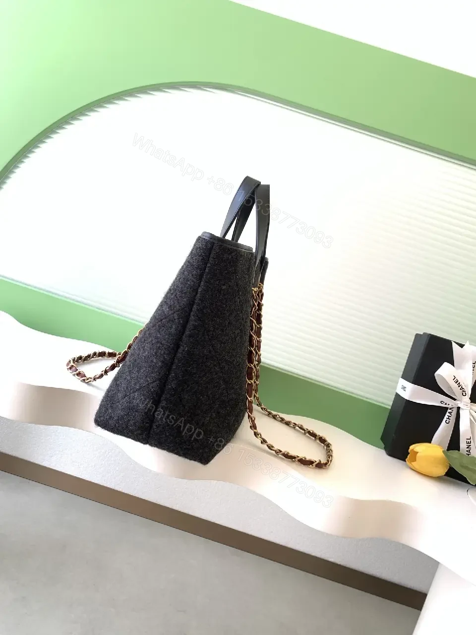 View 3 of Textured Quilted Tote – Wool-Blend with Gold Hardware Tote