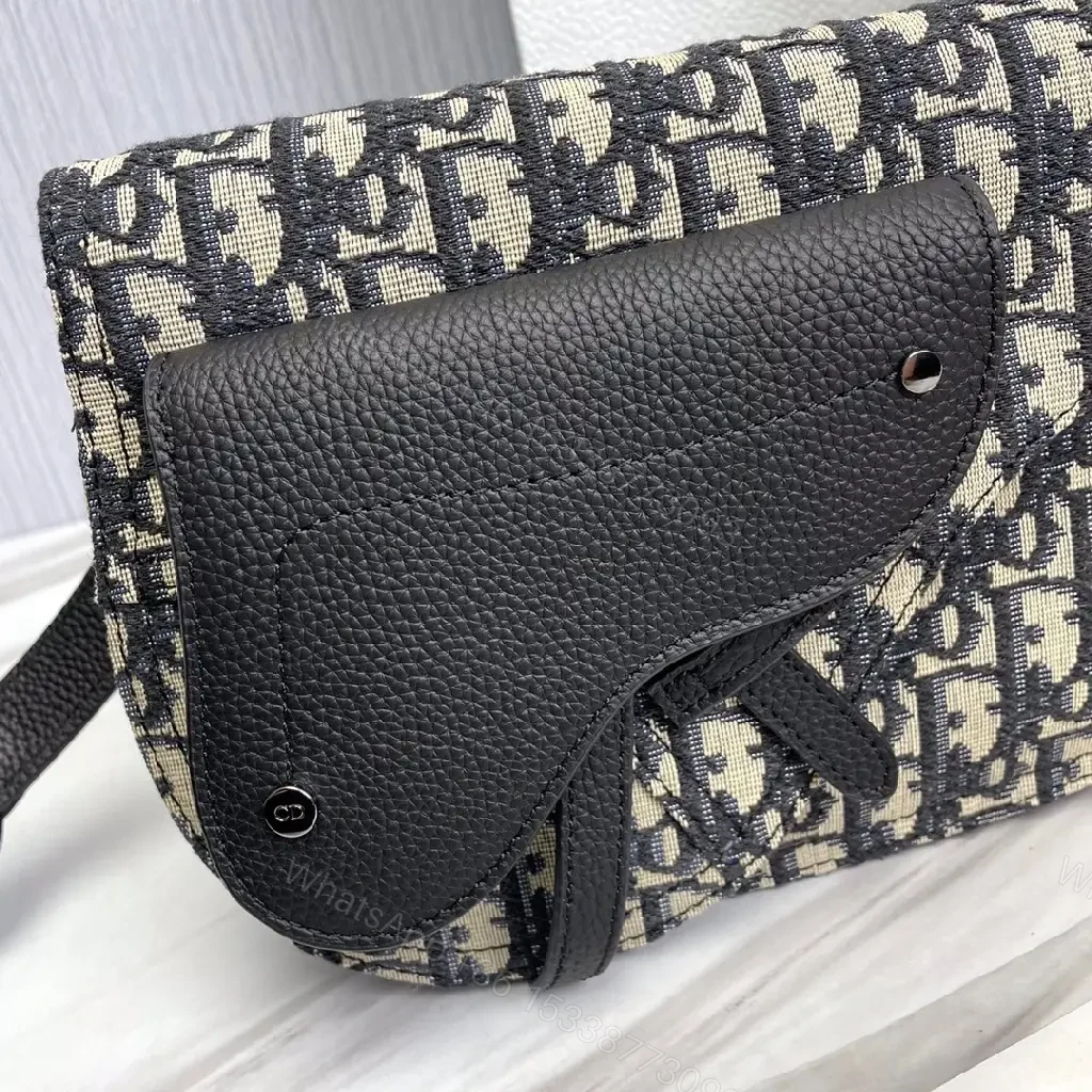 View 2 of Compact Black Leather Dior-Inspired Monogram Messenger Bag