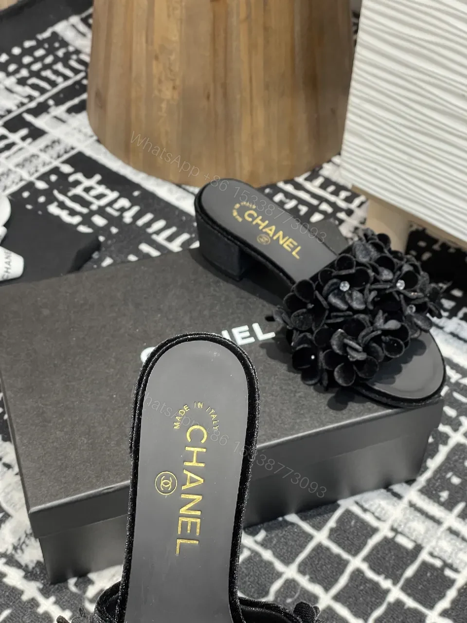 View 5 of Velvet Petal Slip-Ons: Black Crystal-Embellished Slides