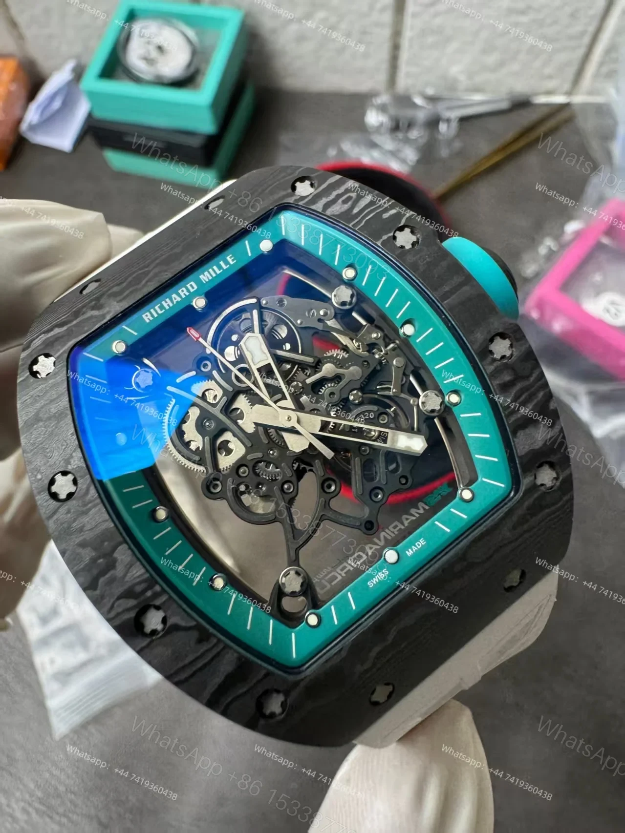 View 13 of Richard Mille RM 055 “Yas Marina Circuit” Carbon TPT Vaucher Free-Sprung White Rubber Strap Custom Super Clone
