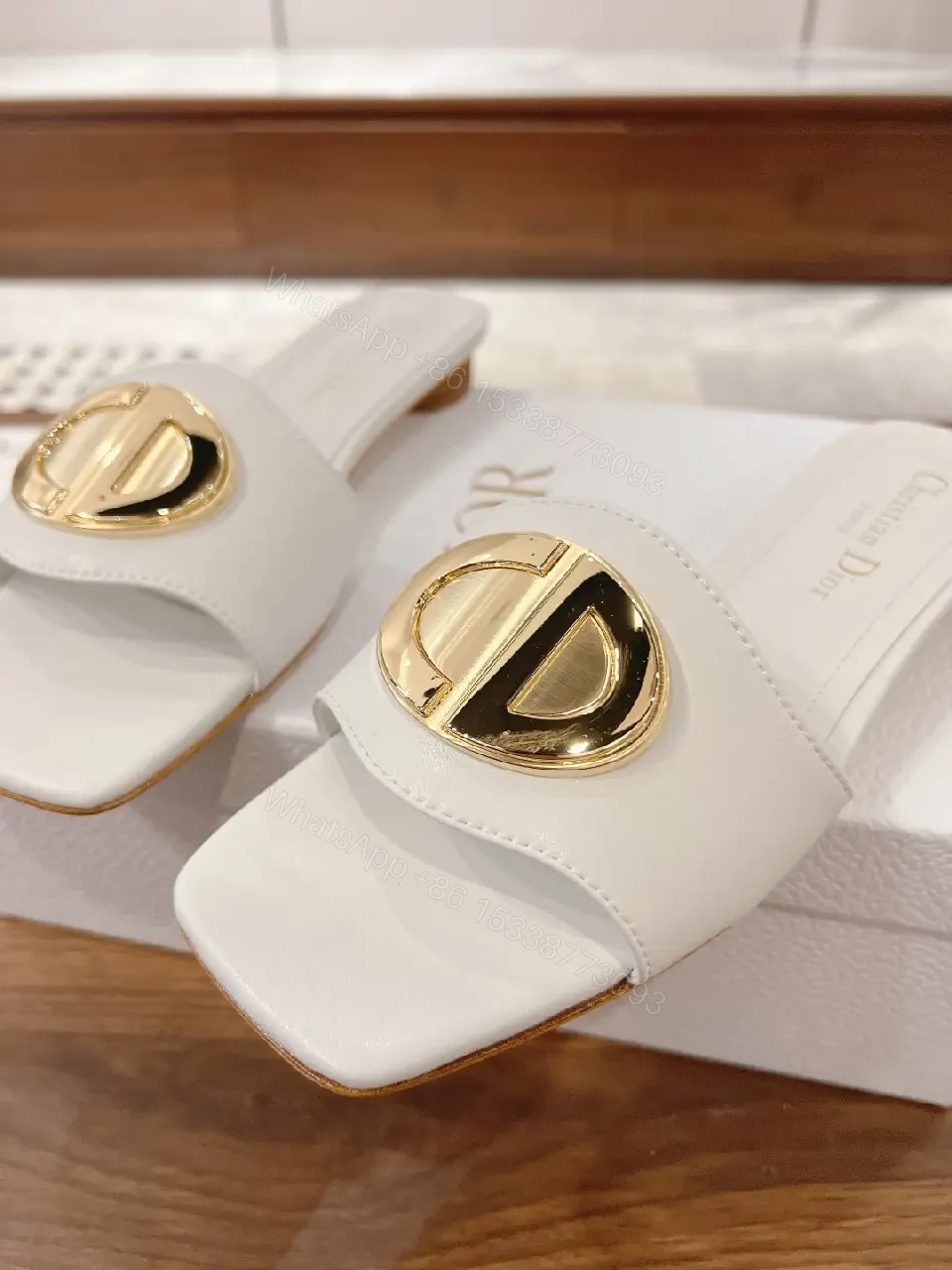 View 9 of White Leather Slide Sandals Gold Heart Buckle Dior Style Comfortable Sandals