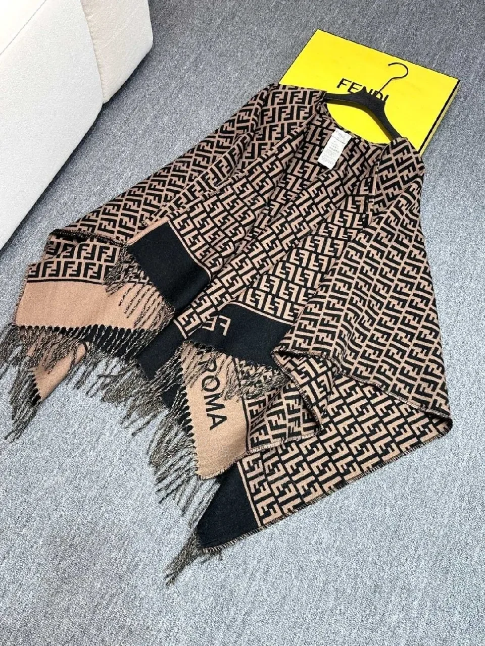 View 6 of Two-Tone Knit Wrap Poncho: Open-Front Fringe, Cozy Luxury