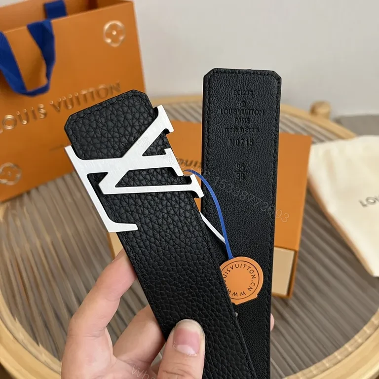 View 3 of Bold Leather Belt with LV Buckle - Modern, Durable Accessory