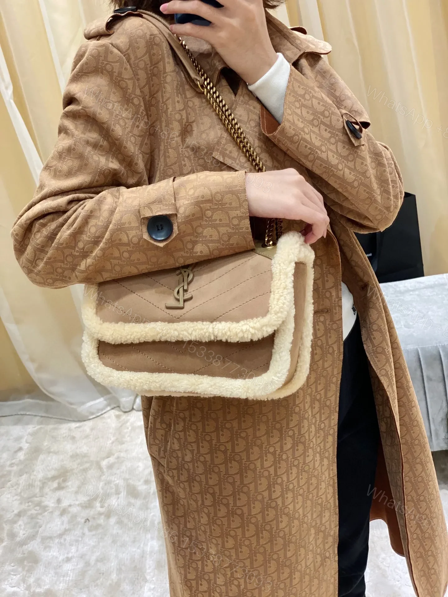 View 6 of Saint Laurent Medium Niki Shoulder Bag in Tan/Cream Nubuck and Shearling Brown Beige
