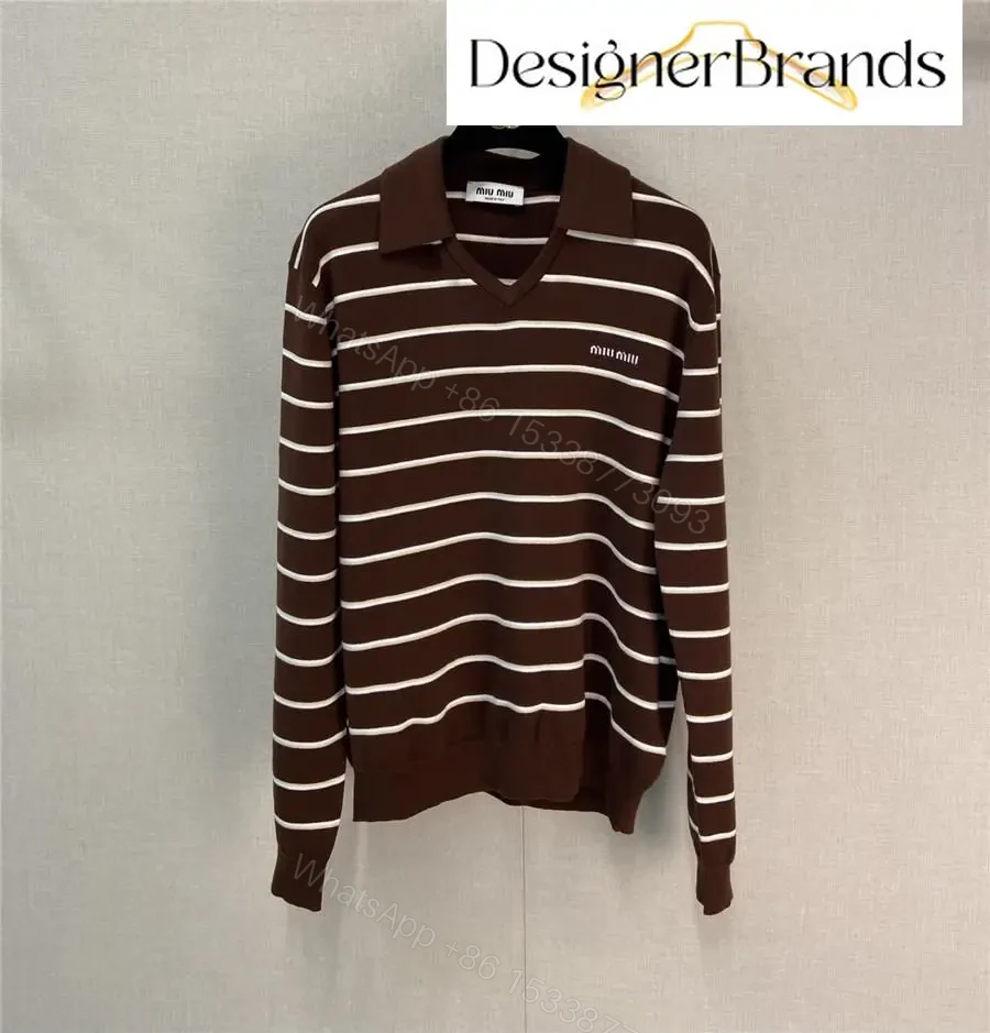 View 2 of Warm-Brown Ivory Striped Polo Knit: Lightweight, Structured Comfort
