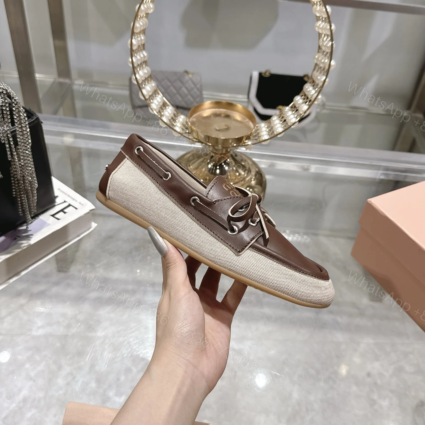 View 2 of MIUMIU CANVAS AND BLEACHED LEATHER BOAT SHOES BEIGE