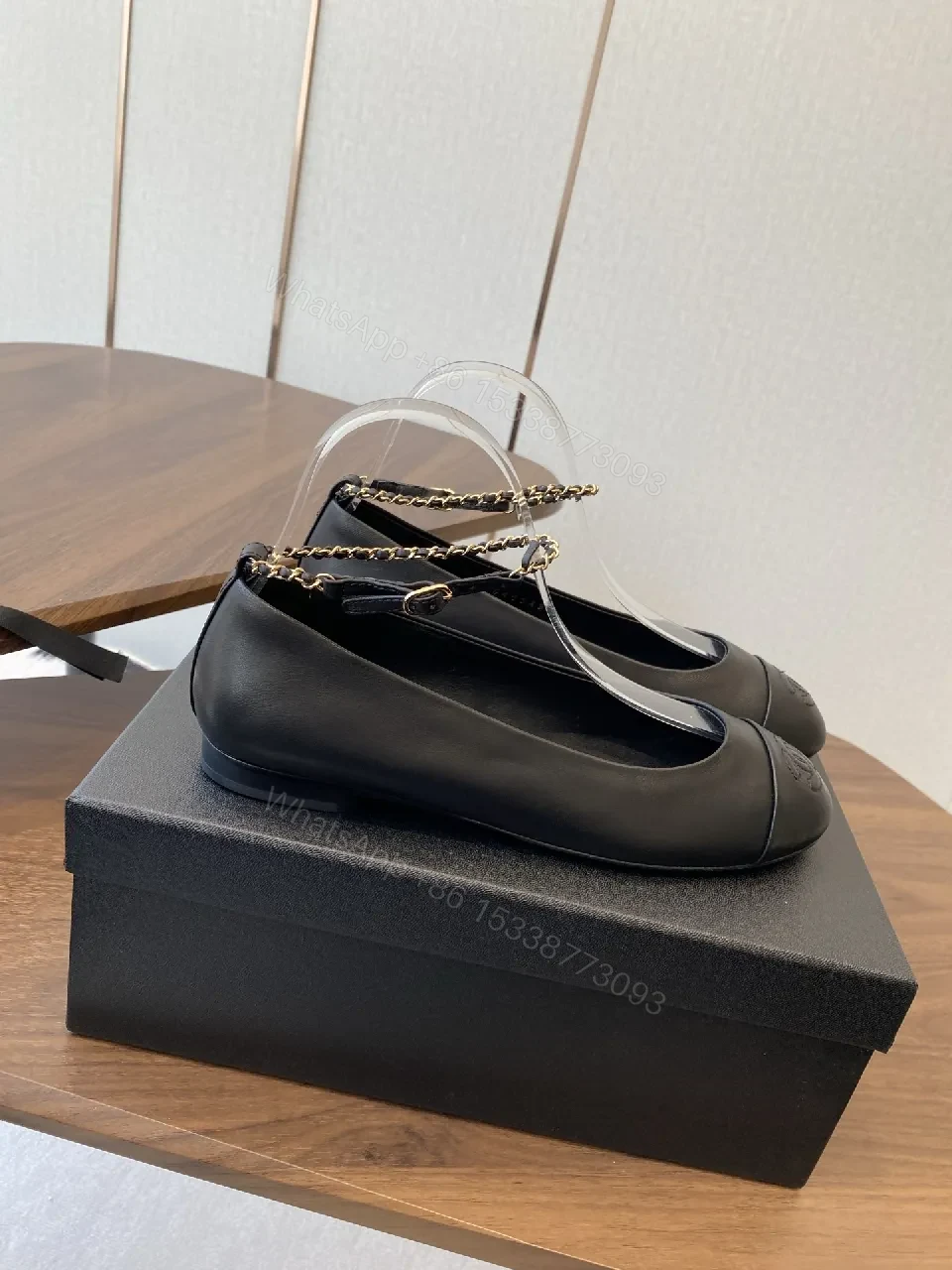 View 7 of Black Leather Slingback Heels with Gold Chain Accent