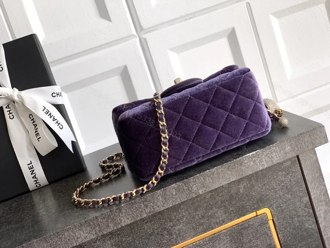 View 4 of Purple Velvet Quilted Shoulder Bag with Gold Hardware