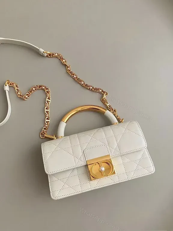 View 3 of Ivory Quilted Leather Handbag with Gold Hardware, Dior-inspired Elegant Compact Bag
