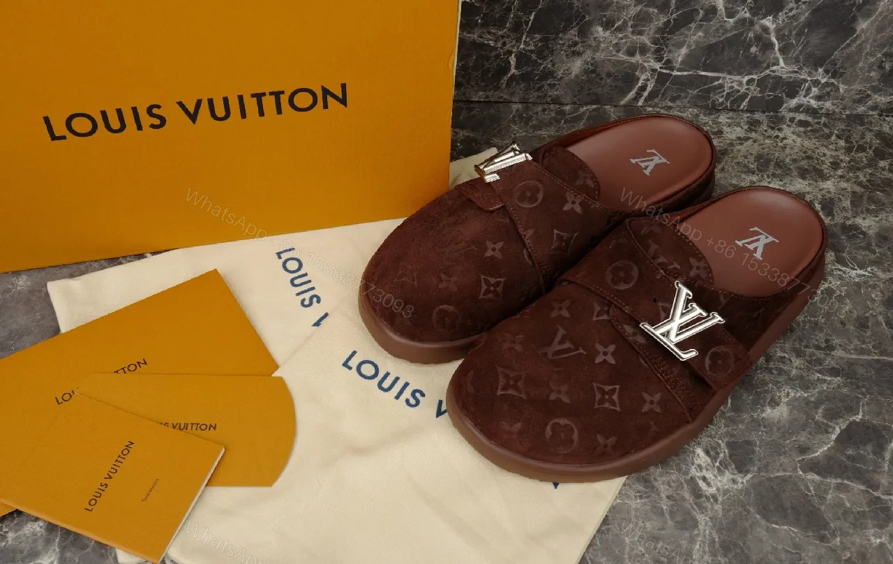 View 2 of Brown Monogram Slide-On Mules with Silvertone Hardware