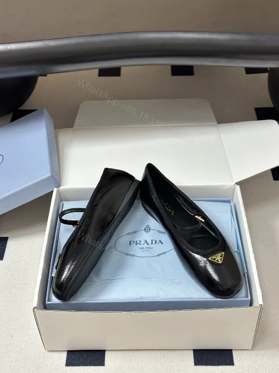 View 9 of Black Leather Ballerinas Prada Logo Classic Style Gossamer Comfort Shoes