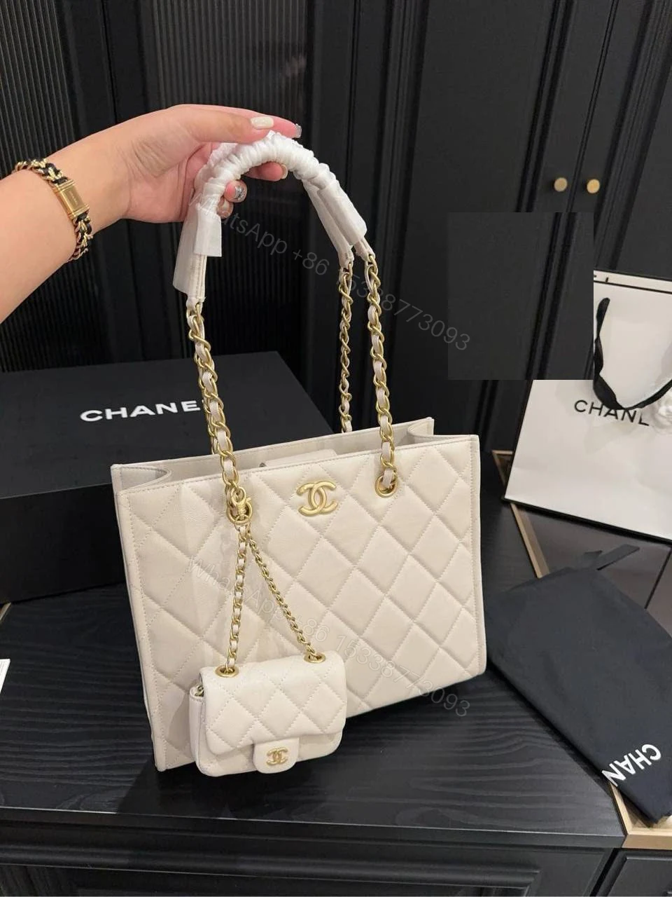 Chanel Metal Logo Shopping Tote Quilted Calfskin Small NEW — view 3