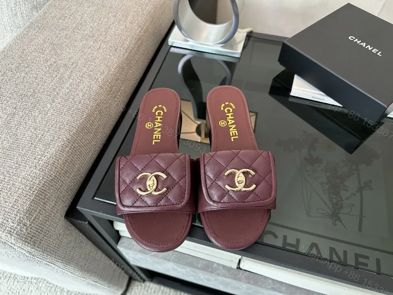 View 6 of Rich Burgundy Quilted Slip-Ons with Gold Emblem