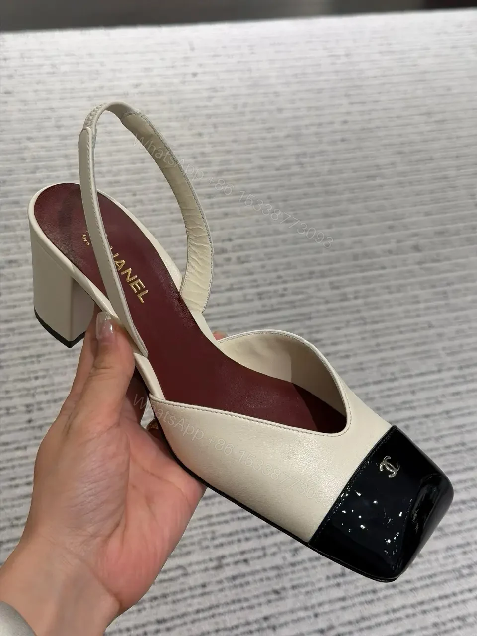 View 2 of Ivory & Black Cap-Toe Slingback Pump, Modern Block Heel