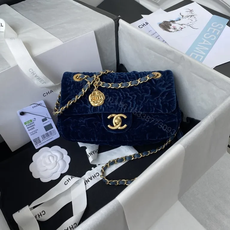 Velvet Chanel-Inspired Flap Bag: Luxe, Navy, Gold — view 1