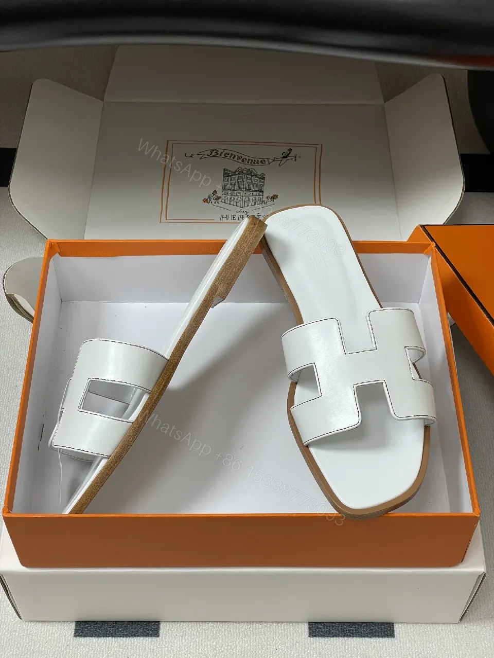 View 5 of White Leather Sandals, H-Cutout, Open-Toe, Comfortable Footbed