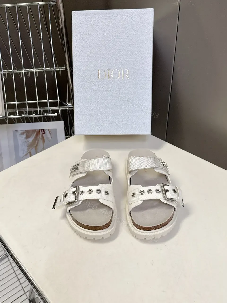 View 2 of White Leather Sandals with Buckle Straps - Dior Inspired Style