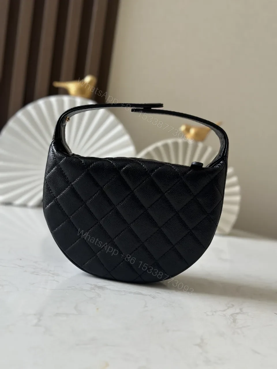 View 7 of Quilted Black Shoulder Bag with Pearl Chain Detail
