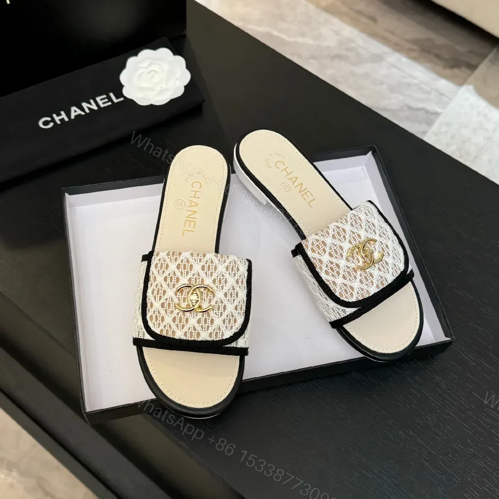 View 2 of Lace-Textured Slide Sandals with Gold Emblem, Open-Toe, Luxury Style
