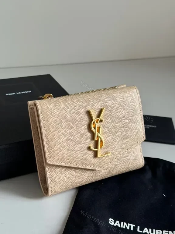 View 2 of Nude-Pink Pebbled Leather Wallet with Gold YSL Hardware