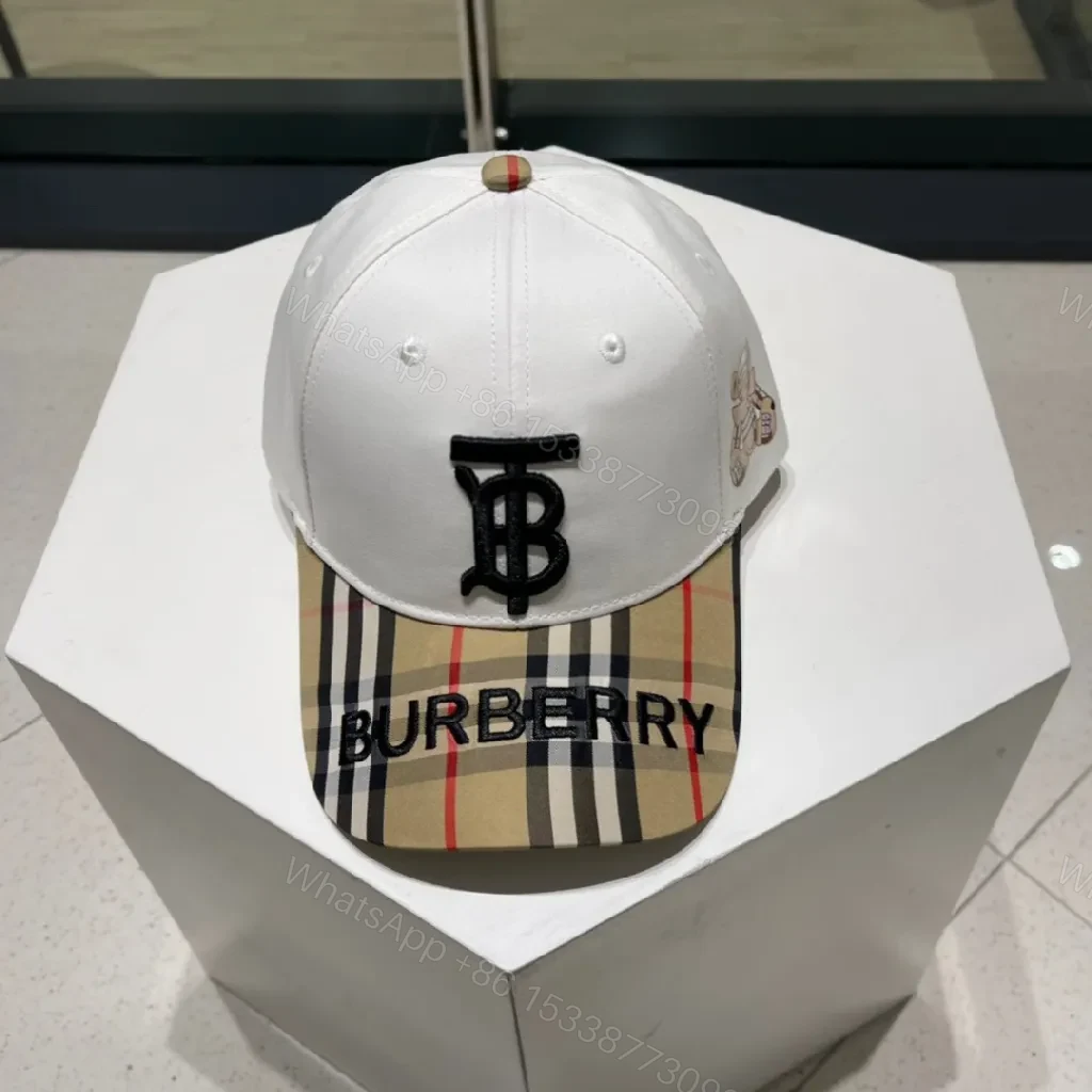 View 8 of White Cotton Cap with Plaid Brim and Logo Embroidery