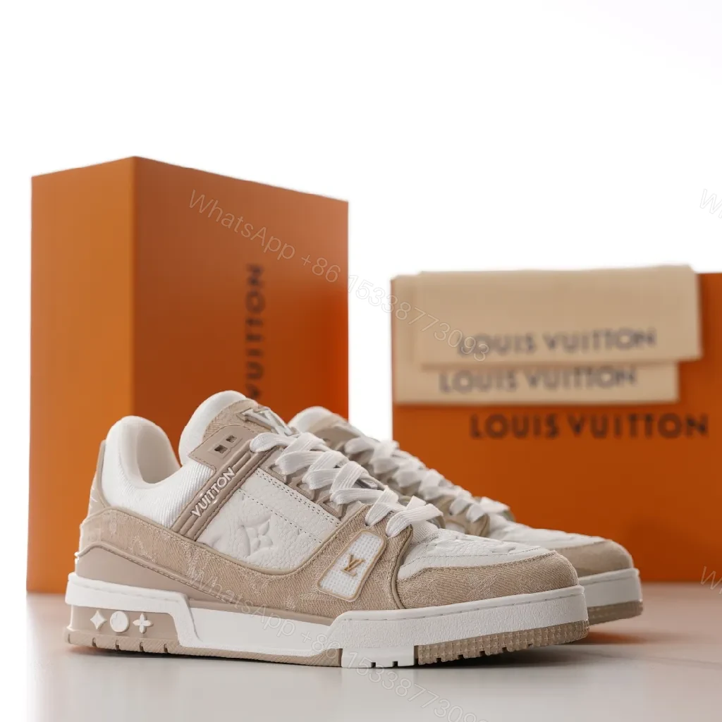 View 2 of Neutral-Tone Suede Leather Sneakers with Subtle LV-Inspired Detailing