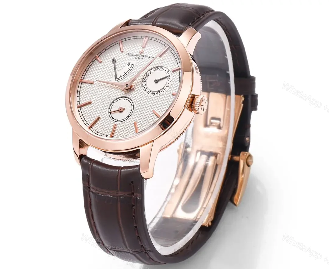 View 5 of GS Factory Vacheron Constantin Traditionnelle 83520/000R-9909 Mechanical Watch – Rose Gold with Brown Leather Strap, 40mm Case, Automatic Movement, Power Reserve, Date, and Day Display