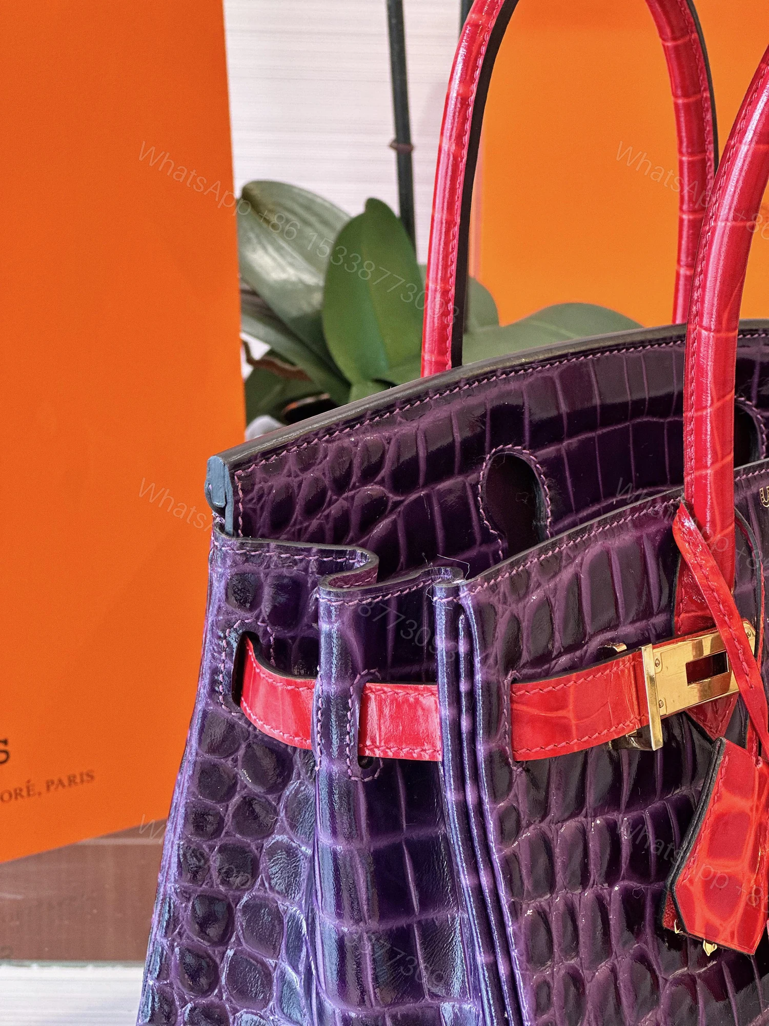 View 5 of Hermes Birkin 30 Purple/Red Genuine Crocodile Leather Gold Hardware