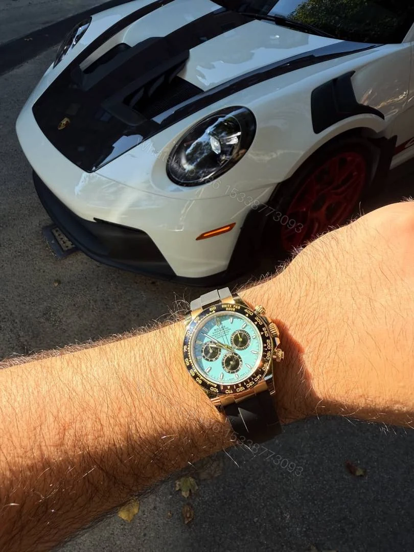 View 3 of First Copy Luxury Chronograph Blue Dial Rubber Strap Watch With Rose Gold Case And Premium Finish