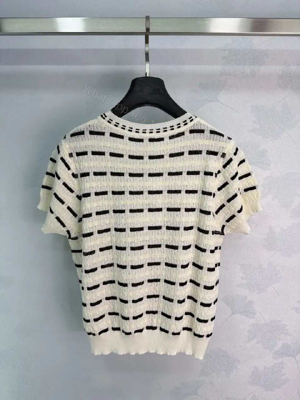 View 5 of White Knit Top Textured Striped Chanel Logo Short Sleeve Top