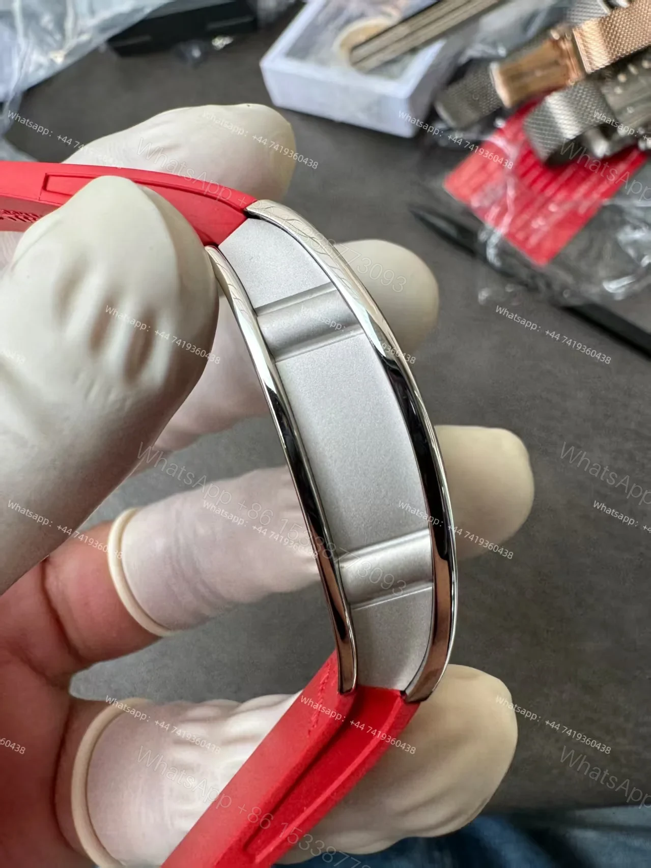 View 9 of Super Clone Richard Mille RM 07 Full Diamond 1:1 Replica Watch with Red Rubber Strap