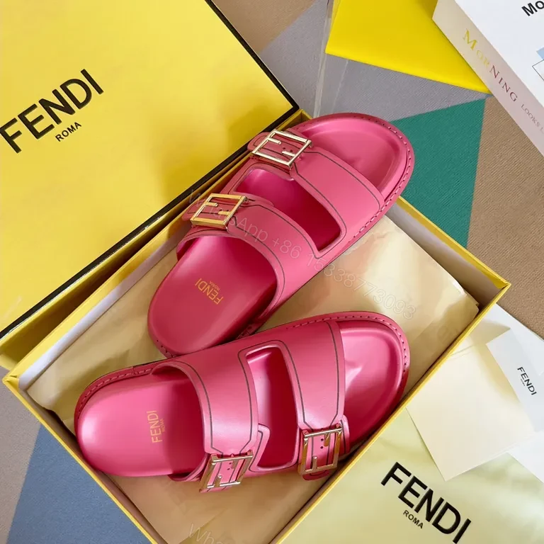 View 8 of Vivid Pink Fendi Leather Slides â€“ Bold Comfort, Elevated Casual